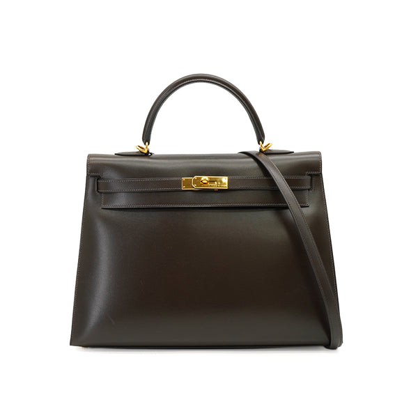 HERMES KELLY 35 SELLIER EBENE BOX CALF HAND SHOULDER BAG 2001 SQUARE E GOLD HARDWARE 90338878