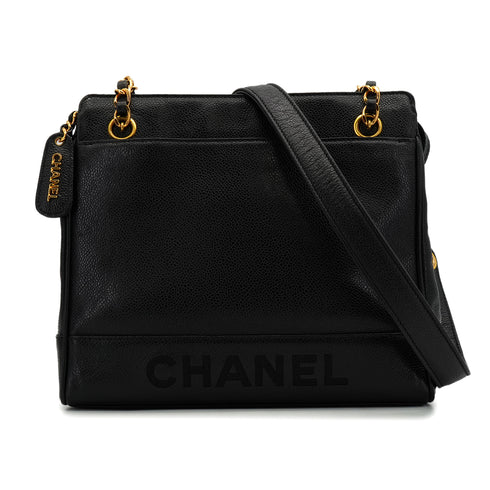 VINTEGE CHANEL LOGO CHAIN SHOULDER BAG BLACK CAVIAR SKIN GOLD HARDWARE 90344381