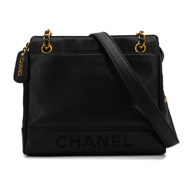 VINTEGE CHANEL LOGO CHAIN SHOULDER BAG BLACK CAVIAR SKIN GOLD HARDWARE 90344381