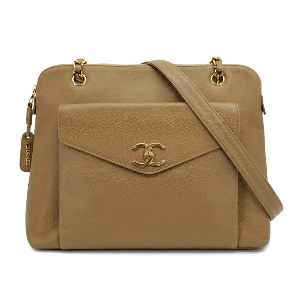 VINTAGE CHANEL TURN LOCK CHAIN TOTE BAG BEIGE CAVIAR SKIN GOLD HARDWARE 90311266