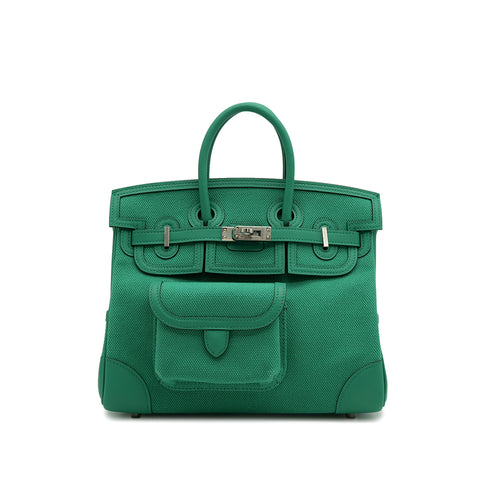 HERMES BIRKIN 25 CARGO VERT VERTIGO VEAU SWIFT TOILE H HAND BAG W PALLADIUM HARDWARE 90307368 - PURPOSE