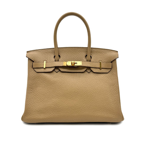 HERMES BIRKIN 30 TABAC CAMEL TAURILLON CLEMENCE HAND BAG □L GOLD HARDWARE 90294144 - PURPOSE