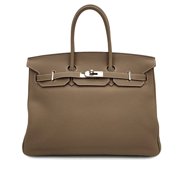 HERMES BIRKIN 35 ETOUPE TAURILLON CLEMENCE HAND BAG ▢N PALLADIUM HARDWARE 90309730 - PURPOSE