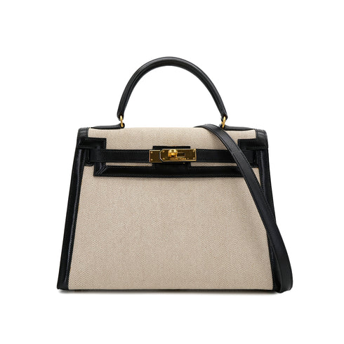 HERMES KELLY 28 BLACK BOXCALF TOILE H HAND SHOULDER BAG 1990 CIRCLE T GOLD HARDWARE 90307991 - PURPOSE