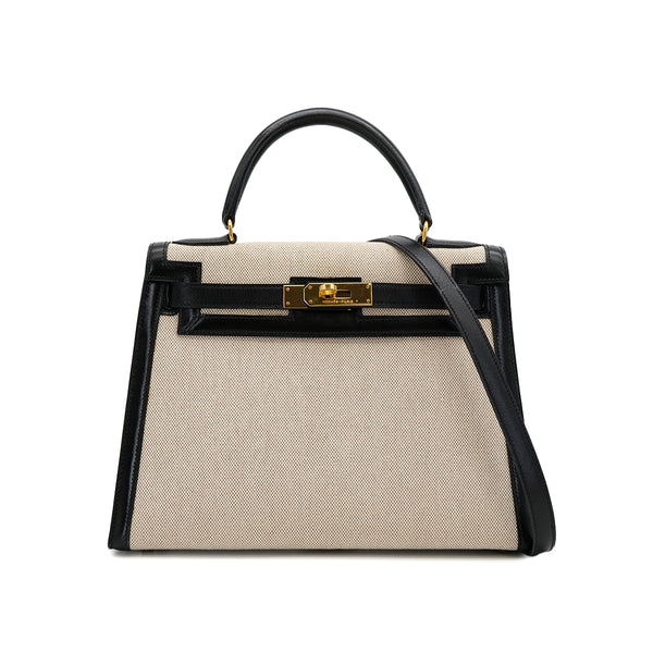 HERMES KELLY 28 BLACK BOXCALF TOILE H HAND SHOULDER BAG 1990 CIRCLE T GOLD HARDWARE 90307991 - PURPOSE