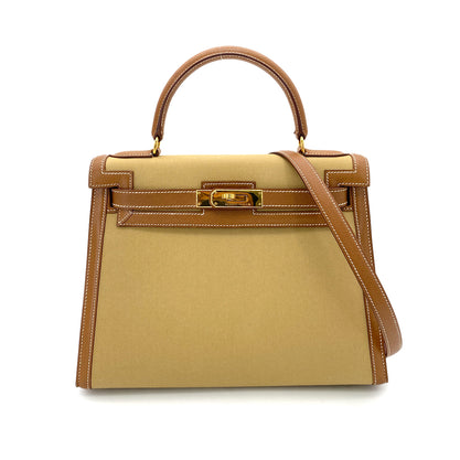 HERMES KELLY 28 GOLD COUCHVEL TOILE HAND SHOULDER BAG 1995 CIRCLE Y GOLD HARDWARE 90252001 - PURPOSE