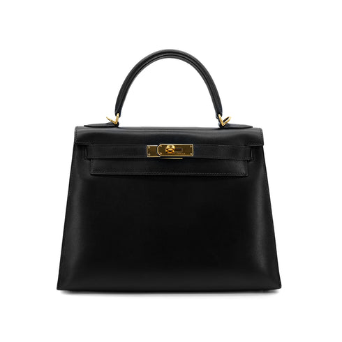 HERMES KELLY 28 SELLIER BLACK BOX CALF HAND BAG 2000 SQUARE D GOLD HARDWARE 90305112 - PURPOSE