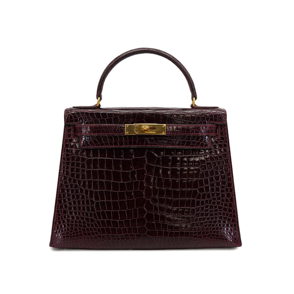 HERMES KELLY 28 SELLIER BORDEAUX CROCODILE HAND BAG 2004 CIRCLE H GOLD HARDWARE 90310278 - PURPOSE