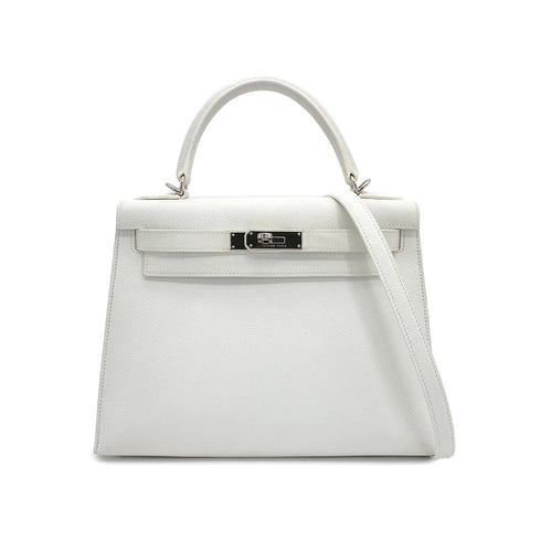 HERMES KELLY 28 SELLIER WHITE VEAU EPSOM HAND SHOULDER BAG 2007 SQUARE K PALLADIUM HARDWARE 90308966 - PURPOSE