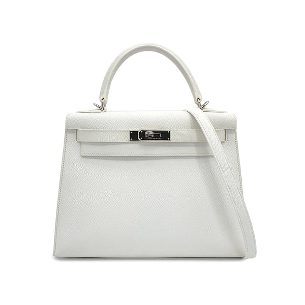 HERMES KELLY 28 SELLIER WHITE VEAU EPSOM HAND SHOULDER BAG 2007 SQUARE K PALLADIUM HARDWARE 90308966 - PURPOSE