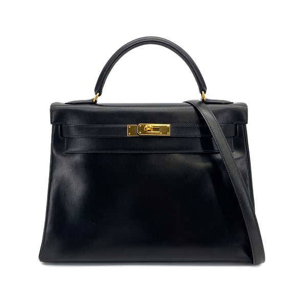 HERMES KELLY 32 RETOURNE BLACK BOXCALF HAND SHOULDER BAG 1993 CIRCLE W GOLD HARDWARE 90308965 - PURPOSE