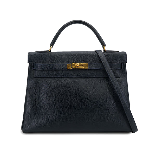 HERMES KELLY 32 RETOURNE BLUE MARINE COUCHEVEL HAND SHOULDER BAG 1992 CIRCLE V GOLD HARDWRE 90311824