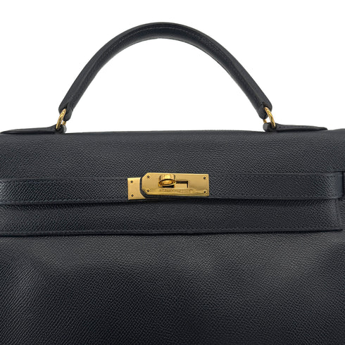 HERMES KELLY 32 RETOURNE BLUE MARINE COUCHEVEL HAND SHOULDER BAG 1992 CIRCLE V GOLD HARDWRE 90311824