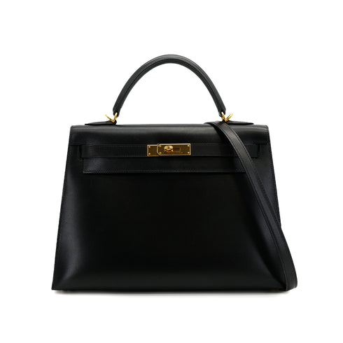 HERMES KELLY 32 SELLIER BLACK BOXCALF HAND SHOULDER BAG 2005 SQUARE I GOLD HARDWARE 90309731 - PURPOSE