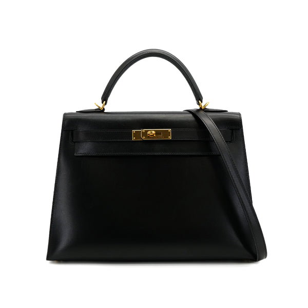 HERMES KELLY 32 SELLIER BLACK BOXCALF HAND SHOULDER BAG 2005 SQUARE I GOLD HARDWARE 90309731 - PURPOSE