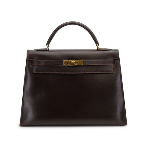 HERMES KELLY 32 SELLIER MARRON FONCE BOXCALF HAND BAG 1976 CIRCLE F GOLD HARDWARE 90308970 - PURPOSE