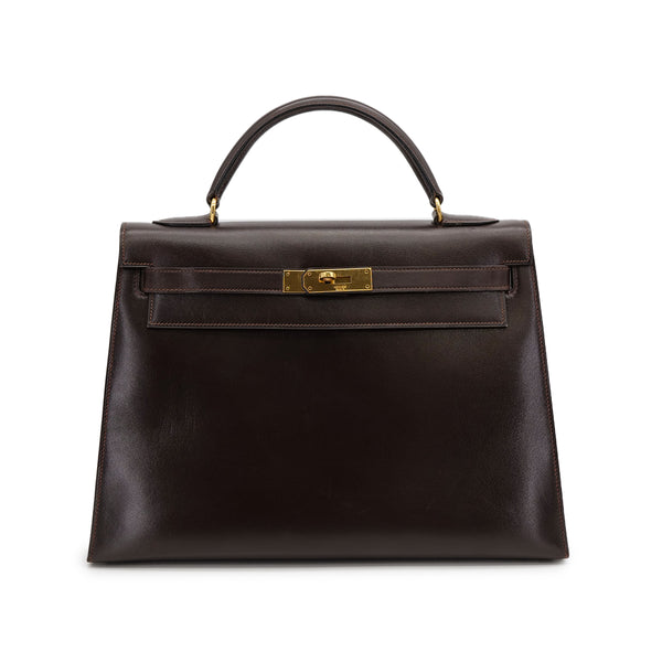 HERMES KELLY 32 SELLIER MARRON FONCE BOXCALF HAND BAG 1976 CIRCLE F GOLD HARDWARE 90308970 - PURPOSE