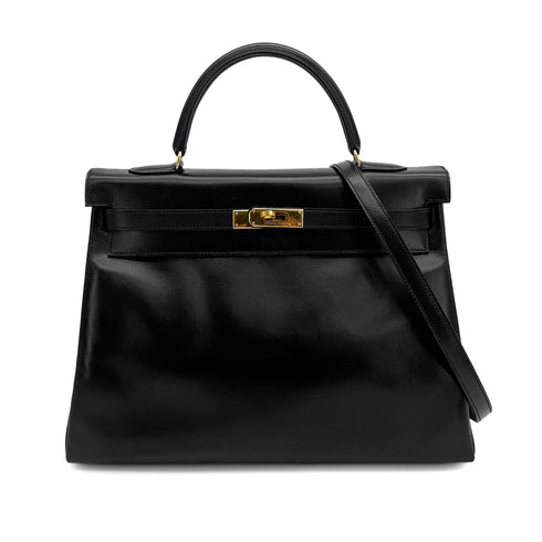 HERMES KELLY 35 RETOURNE BLACK BOXCALF HAND SHOULDER BAG 1998 SQUARE B GOLD HARDWARE 90308351 - PURPOSE
