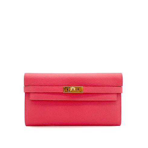 HERMES KELLY WALLET LONG ROSE LIPSTICK CHEVRE 2016 X GOLD HARDWARE 90308369 - PURPOSE