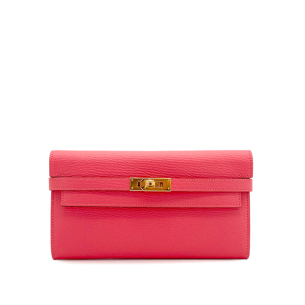 HERMES KELLY WALLET LONG ROSE LIPSTICK CHEVRE 2016 X GOLD HARDWARE 90308369 - PURPOSE