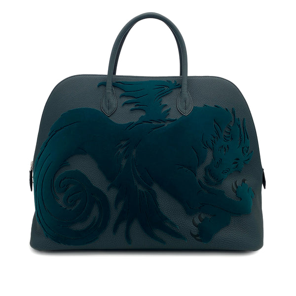 HERMES BOLIDE 1923 45 CHIMERES DRAGON VERT CYPRESS TOGO VELVET HAND BAG 2019 D STAMP PALLADIUM HARDWARE 90311974