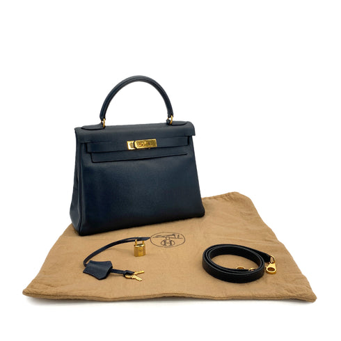 HERMES KELLY 28 RETOURNE BLUE INDIGO COUCHEVEL HAND SHOULDER BAG 1994 CIRCLE X GOLD HARDWARE 90311963