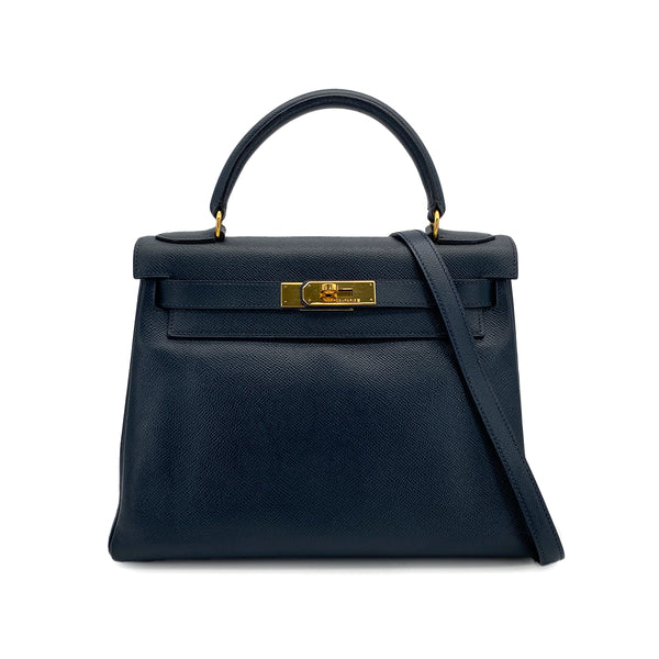 HERMES KELLY 28 RETOURNE BLUE INDIGO COUCHEVEL HAND SHOULDER BAG 1994 CIRCLE X GOLD HARDWARE 90311963