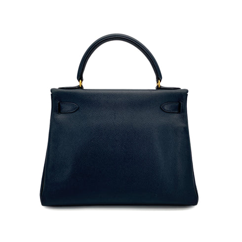 HERMES KELLY 28 RETOURNE BLUE INDIGO COUCHEVEL HAND SHOULDER BAG 1994 CIRCLE X GOLD HARDWARE 90311963