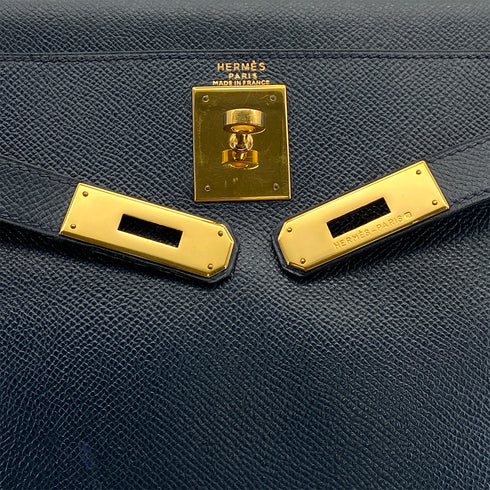 HERMES KELLY 28 RETOURNE BLUE INDIGO COUCHEVEL HAND SHOULDER BAG 1994 CIRCLE X GOLD HARDWARE 90311963