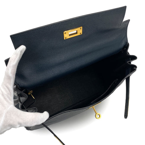 HERMES KELLY 28 RETOURNE BLUE INDIGO COUCHEVEL HAND SHOULDER BAG 1994 CIRCLE X GOLD HARDWARE 90311963