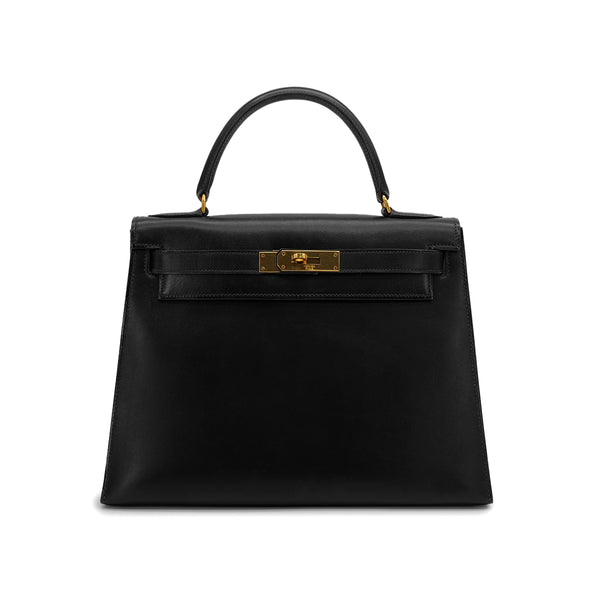HERMES KELLY 28 SELLIER BLACK BOXCALF HAND BAG 1974 CIRCLE D GOLD HARDWRE 90312613