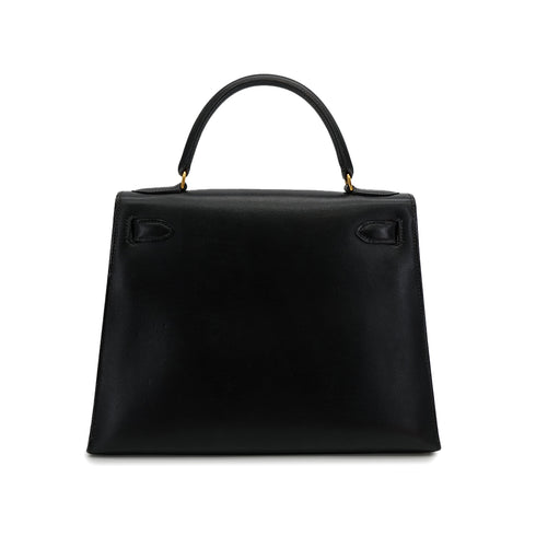 HERMES KELLY 28 SELLIER BLACK BOXCALF HAND BAG 1974 CIRCLE D GOLD HARDWRE 90312613
