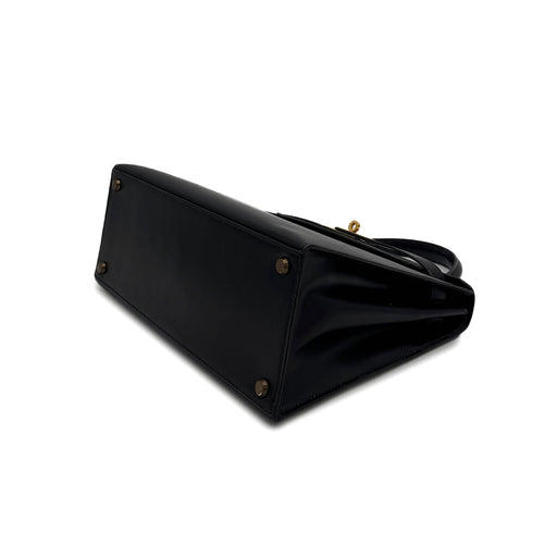 HERMES KELLY 28 SELLIER BLACK BOXCALF HAND BAG 1974 CIRCLE D GOLD HARDWRE 90312613