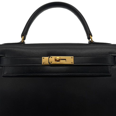 HERMES KELLY 28 SELLIER BLACK BOXCALF HAND BAG 1974 CIRCLE D GOLD HARDWRE 90312613