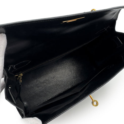 HERMES KELLY 28 SELLIER BLACK BOXCALF HAND BAG 1974 CIRCLE D GOLD HARDWRE 90312613