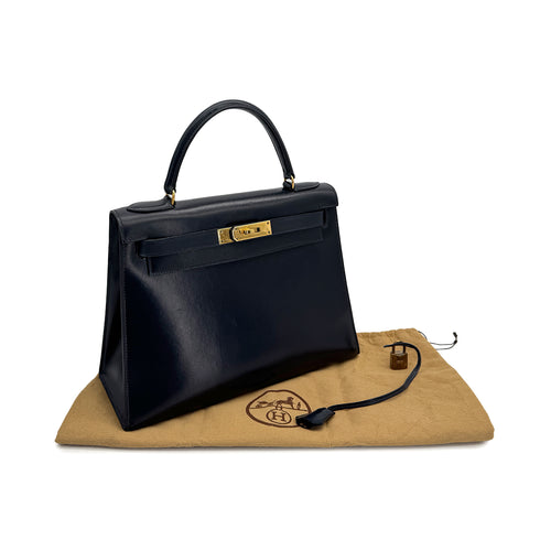HERMES KELLY 28 SELLIER BLUE INDIGO BOXCALF HAND BAG 1981 CIRCLE K GOLD HARDWRE 90312517