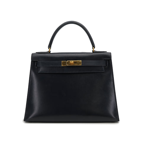 HERMES KELLY 28 SELLIER BLUE INDIGO BOXCALF HAND BAG 1981 CIRCLE K GOLD HARDWRE 90312517