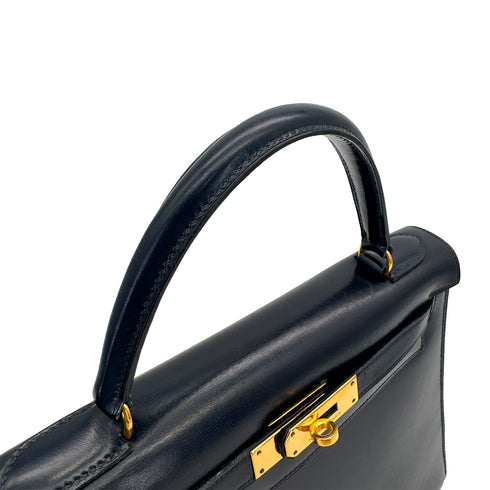 HERMES KELLY 28 SELLIER BLUE INDIGO BOXCALF HAND BAG 1981 CIRCLE K GOLD HARDWRE 90312517