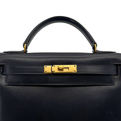 HERMES KELLY 28 SELLIER BLUE INDIGO BOXCALF HAND BAG 1981 CIRCLE K GOLD HARDWRE 90312517