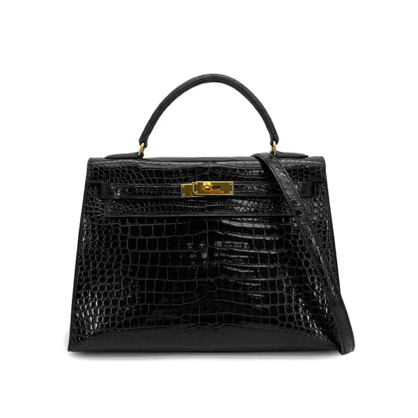 HERMES KELLY 32 SELLIER BLACK POROSUS CROCODILE HAND SHOULDER BAG 1997 SQUARE A GOLD HARDWARE 90312523