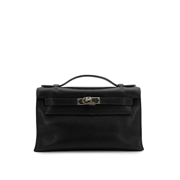 HERMES KELLY POCHETTE SELLIER BLACK EVERGRAIN HAND BAG 2004 SQUARE H PALLADIUM HARDWARE 90312524