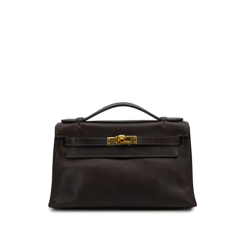 HERMES KELLY POCHETTE SELLIER EBENE EVERGRAIN HAND BAG 2005 SQUARE I GOLD HARDWARE 90312515