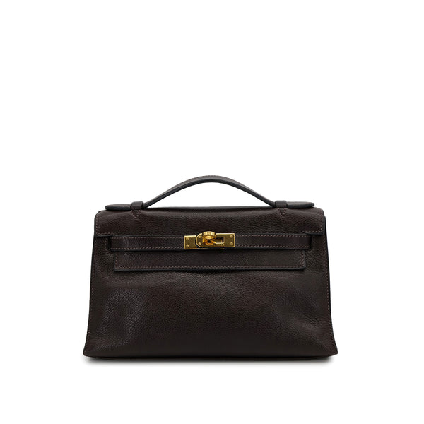 HERMES KELLY POCHETTE SELLIER EBENE EVERGRAIN HAND BAG 2005 SQUARE I GOLD HARDWARE 90312515