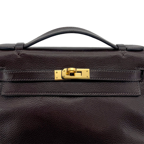 HERMES KELLY POCHETTE SELLIER EBENE EVERGRAIN HAND BAG 2005 SQUARE I GOLD HARDWARE 90312515