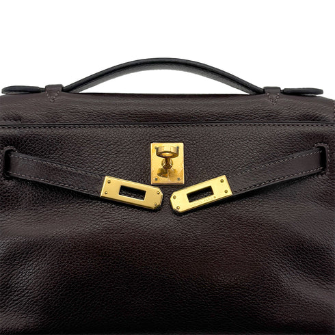 HERMES KELLY POCHETTE SELLIER EBENE EVERGRAIN HAND BAG 2005 SQUARE I GOLD HARDWARE 90312515