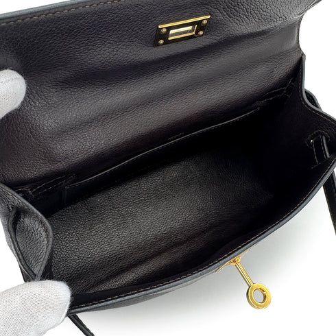 HERMES KELLY POCHETTE SELLIER EBENE EVERGRAIN HAND BAG 2005 SQUARE I GOLD HARDWARE 90312515