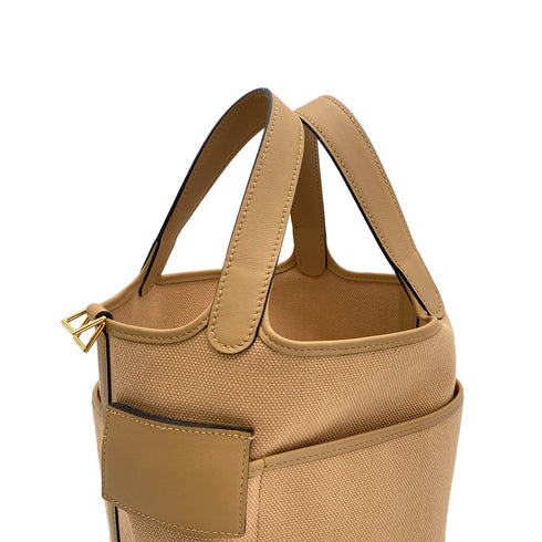 HERMES PICOTIN LOCK 18 PM CARGO POCKET CHAI TOILE H VEAU SWIFT 2022 U GOLD HARDWARE 90312621