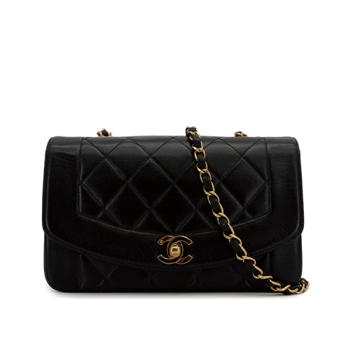 VINTAGE CHANEL DIANA SMALL CHAIN SHOULDER BAG BLACK LAMB SKIN GOLD HARDWARE 90241781