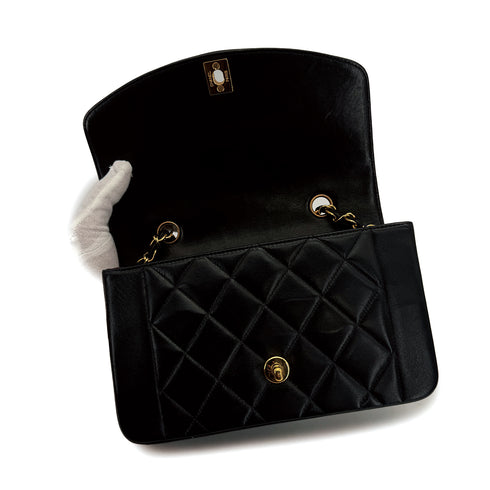 VINTAGE CHANEL DIANA SMALL CHAIN SHOULDER BAG BLACK LAMB SKIN GOLD HARDWARE 90241781