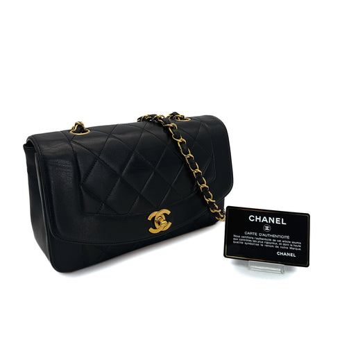 VINTAGE CHANEL DIANA SMALL CHAIN SHOULDER BAG BLACK LAMB SKIN GOLD HARDWARE 90241781
